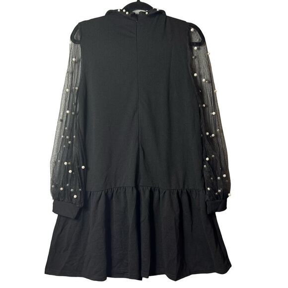 Dress Womens S Black Pearl‎ Beaded Tie Neck Mesh Bishop Sleeve Wedding Formal - Picture 2 of 9